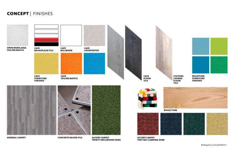 Mood board of surfaces and colours for the Booking.com offices in Toronto.