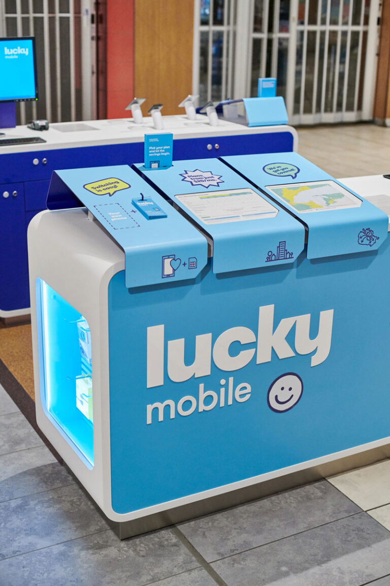 Detail shot of Lucky Mobile Kiosk with three plan options.
