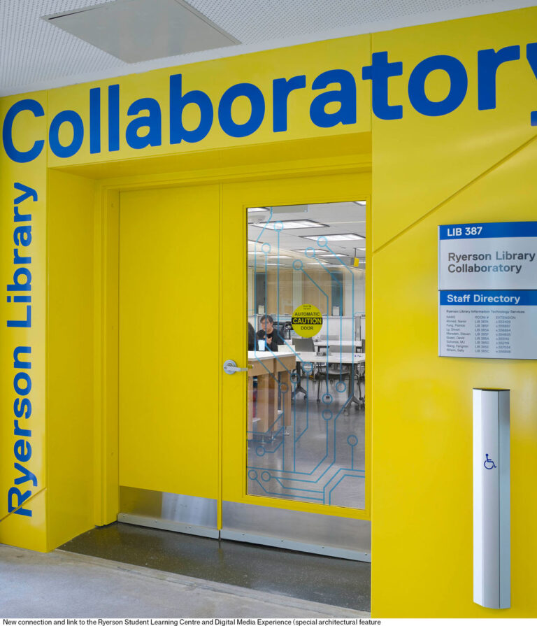 The dynamic and experimental purpose for the Ryerson Collaboratory is exemplified in the sunny yellow covering the entrance.