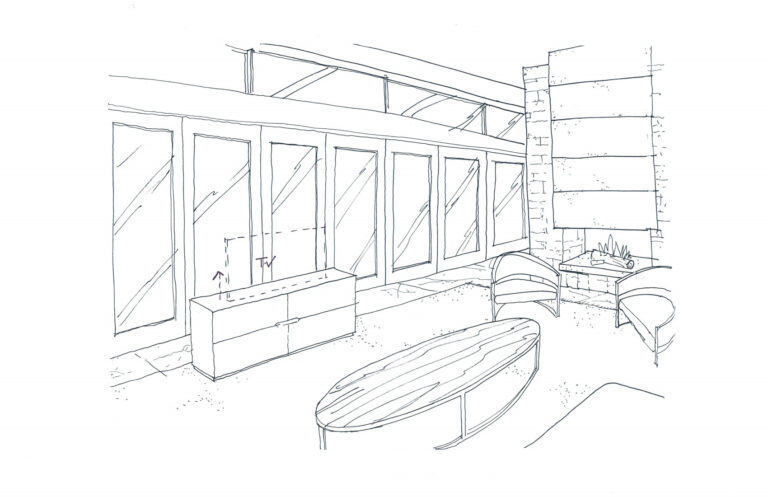 A sketch of the family room with automated TV cabinet.