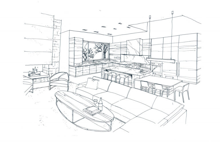 A sketch of a kitchen and family room by a Registered Interior Designer.