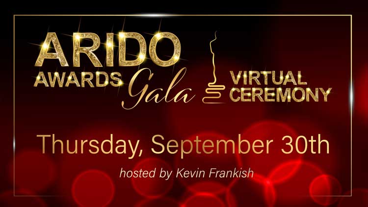 ARIDO Awards Gala graphic in gold text with a red bokeh background
