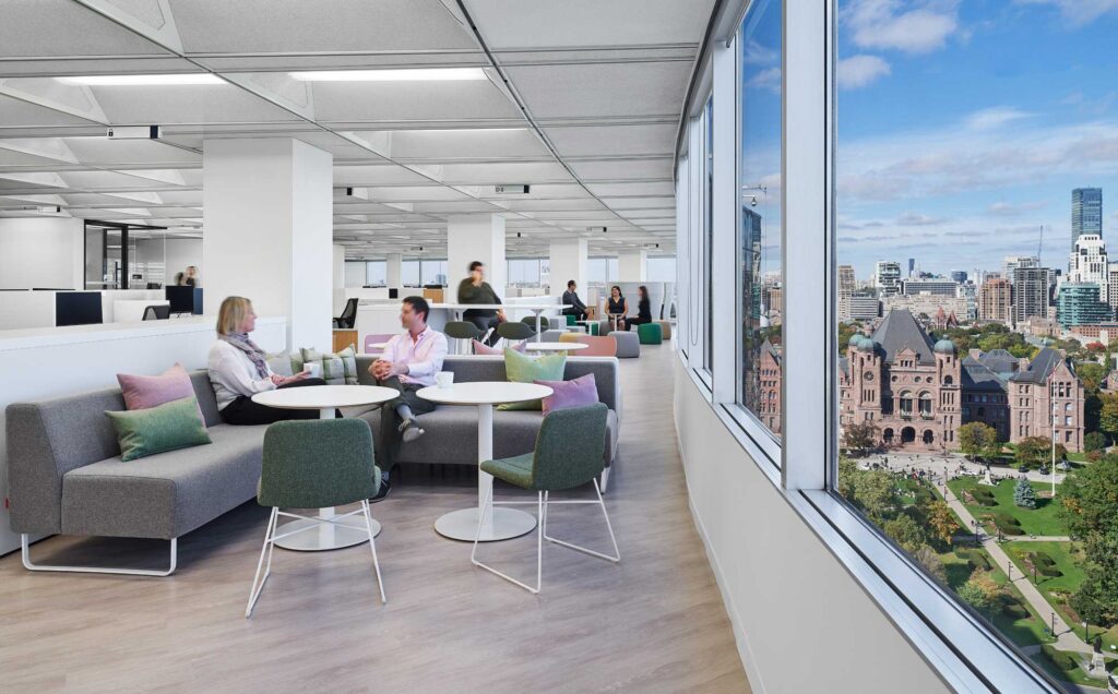 The office boasts views of Queen's Park with casual seating options to take advantage of city views.