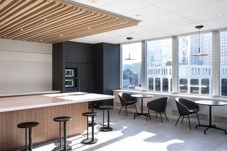 The employee cafe space at Richardson Wealth boasts beautiful city views of the Vancouver skyline..