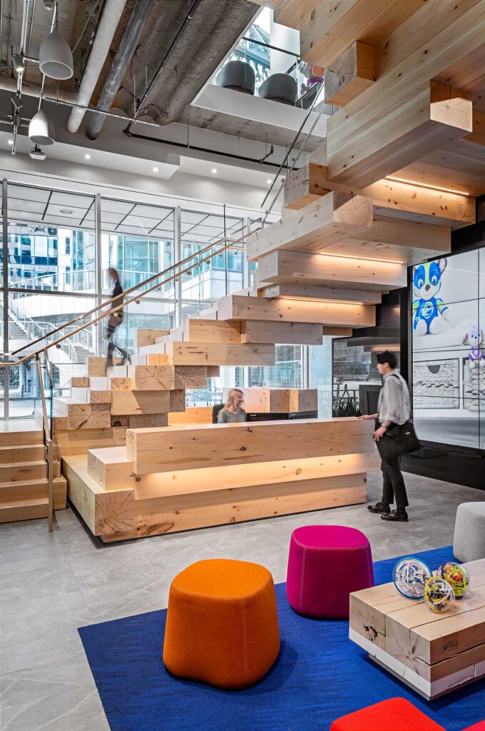 The reception area at Spin Master office leads visitors and staff up set of stairs designed to look like a stack of toy blocks.