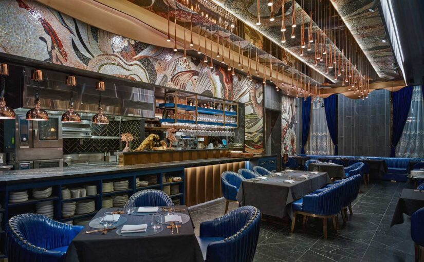 A stunning mosaic is the crown jewel of this luxe eatery
