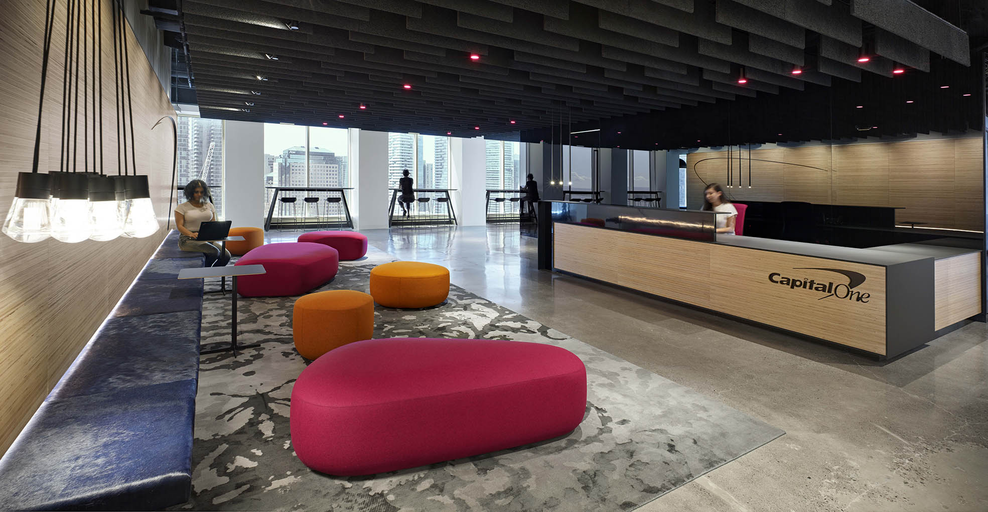A colorful multi-level work space that links human senses, nature, and technology