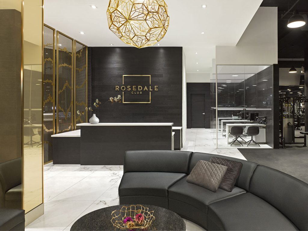 A view of the elegant reception desk from the lounge area