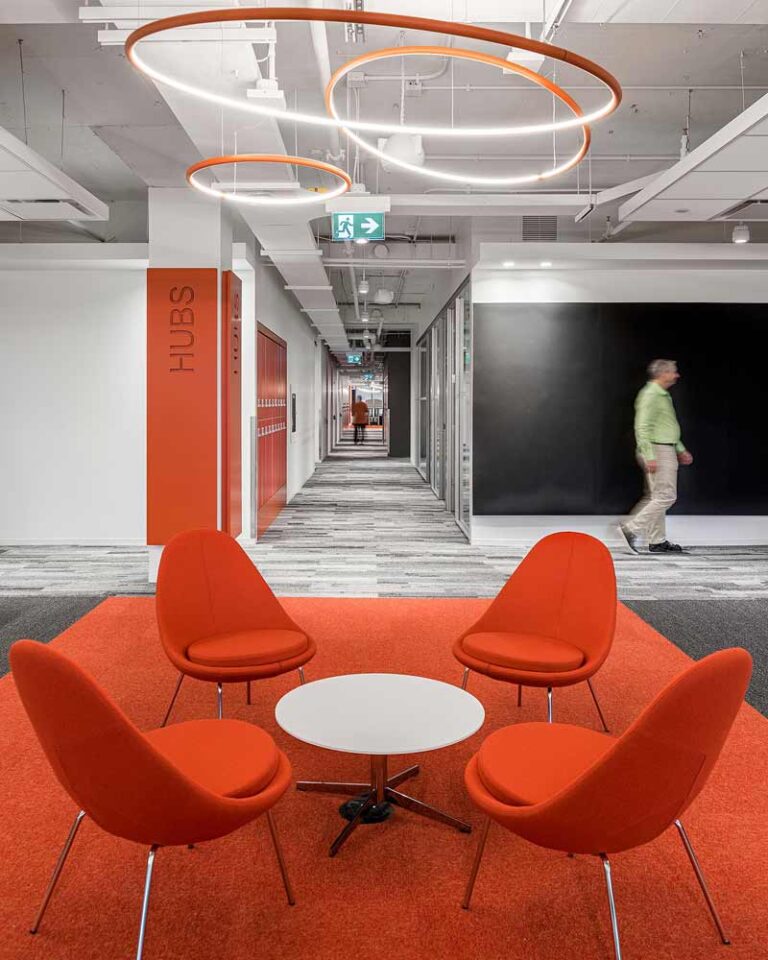 A central meeting and lounge hub color coded orange