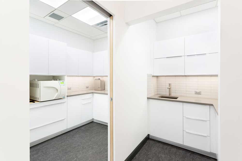 Clean white millwork in the lab and sterilization room