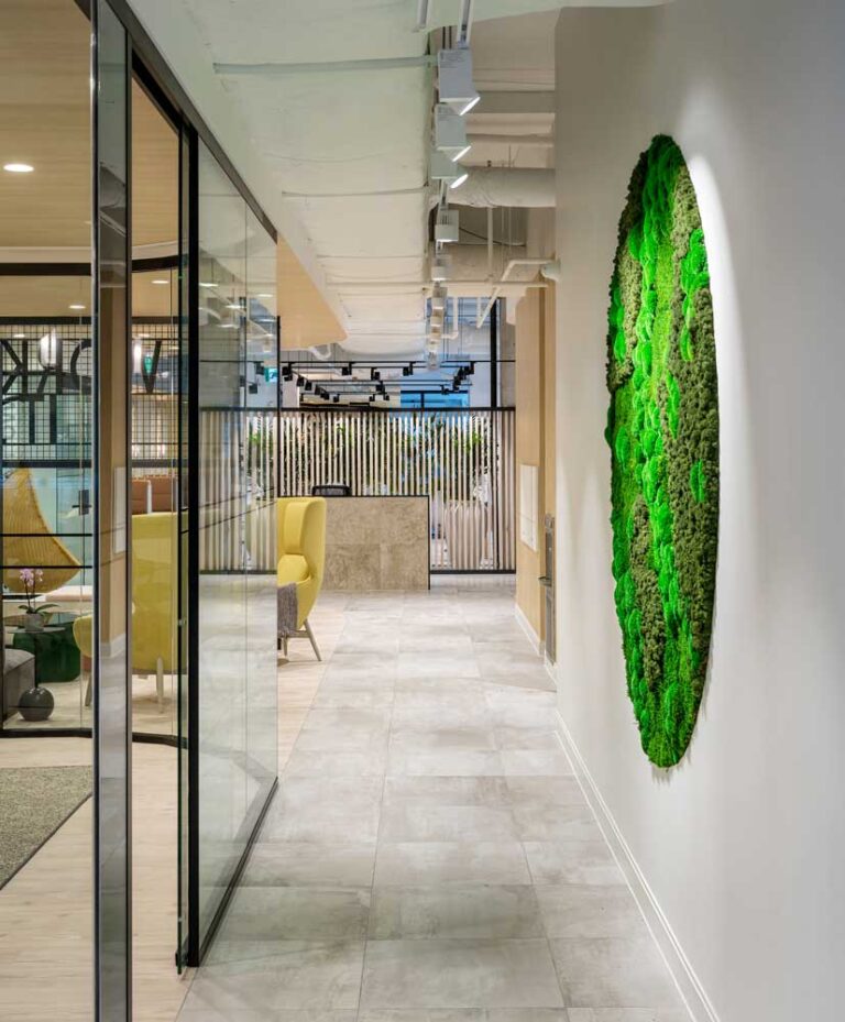 Hallways leading into a glass encased office to the left and a biophilic circular design on the crisp white wall across