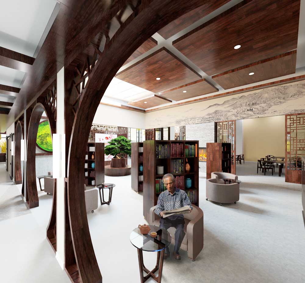 Cafe and library designed by Conestoga BID student Sudan Daisy Zheng