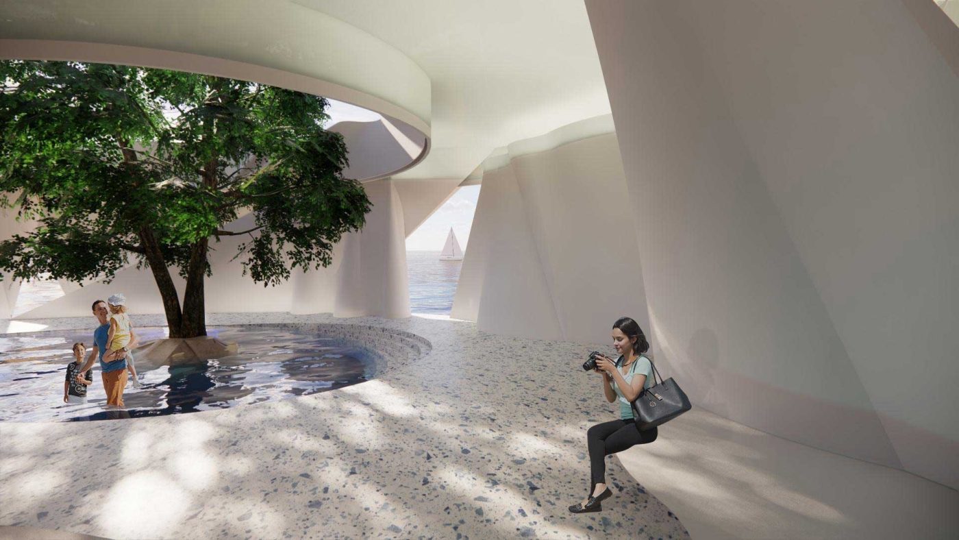 The tranquil installation provides a deep connection to the waves in the water surrounding the island and allows users to feel as if they are below the surface of the ocean.