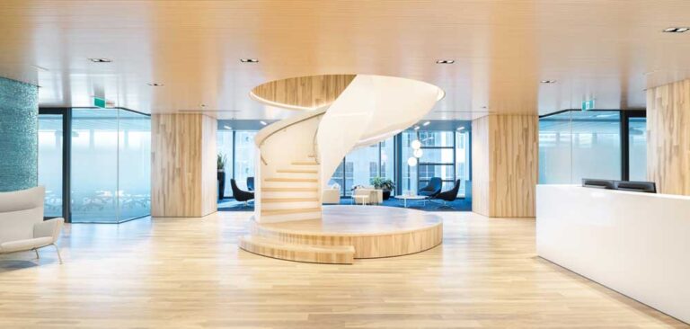 Central feature, a winding fluid stair case in the centre of the reception area