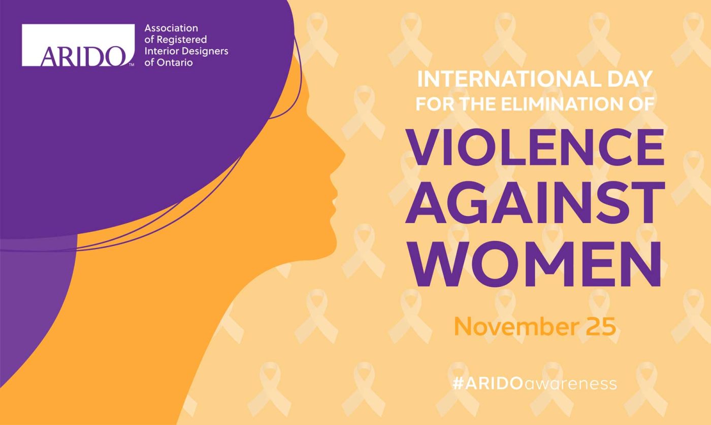 A yellow and purple graphic with an illustration of a woman in profile with the caption, 'International Day for the Elimination of Violence Against Women November 25th'