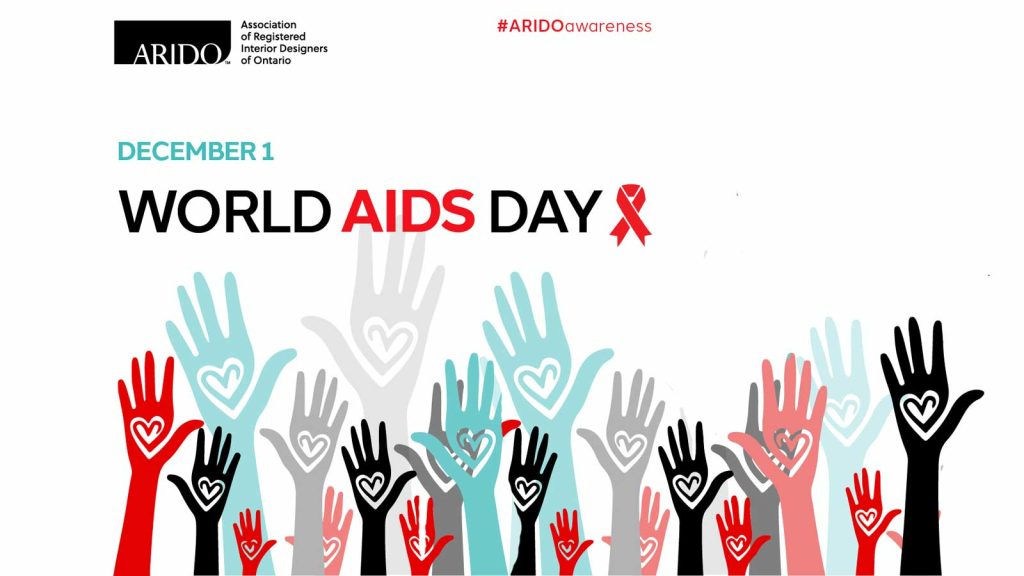 Graphic with green, gray, red and black hands raised with hearts in the centre, with the title World AIDS Day December 1.
