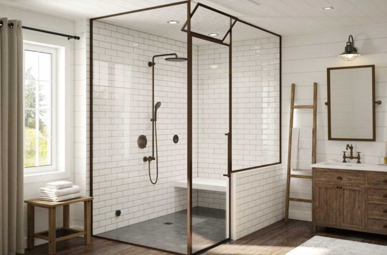 Beautiful shower design in predominantly white with gold and brass accents