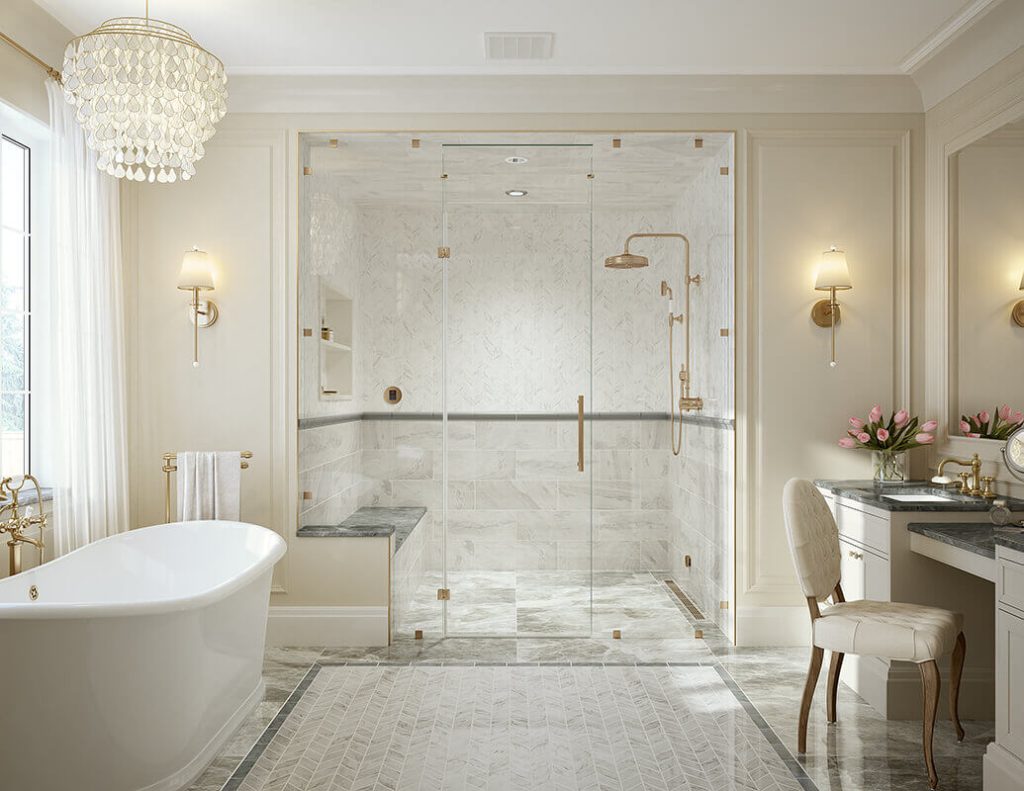 Neutral bathroom in a more traditional style in beige and cream palette, with a free standing tub and a shower that has a wall niche