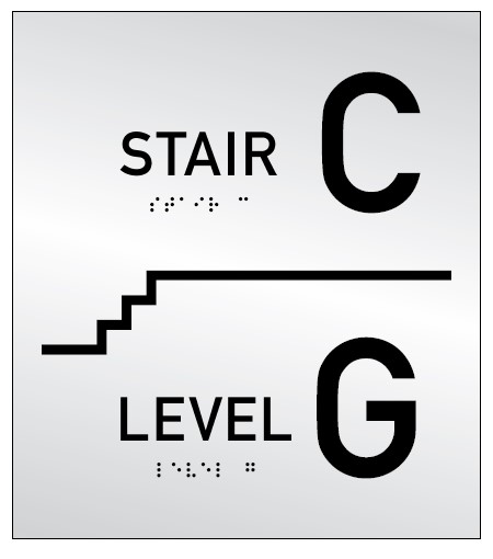 Image of a stair sign indicating two floors, Stair C, and G for ground level with braille underneath each word.