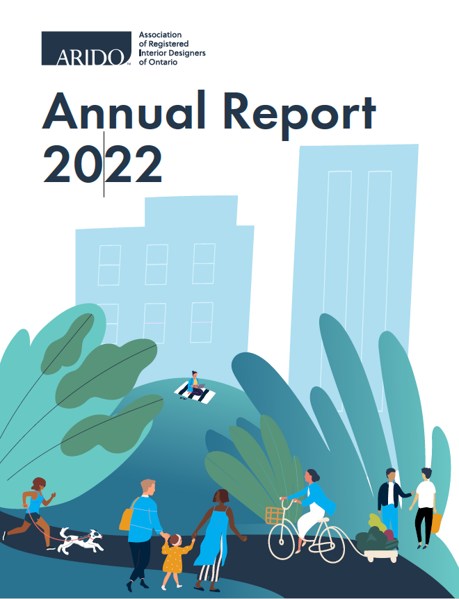Cover of ARIDO's 2022 Annual report with an illustration of people walking and biking along a path in a park