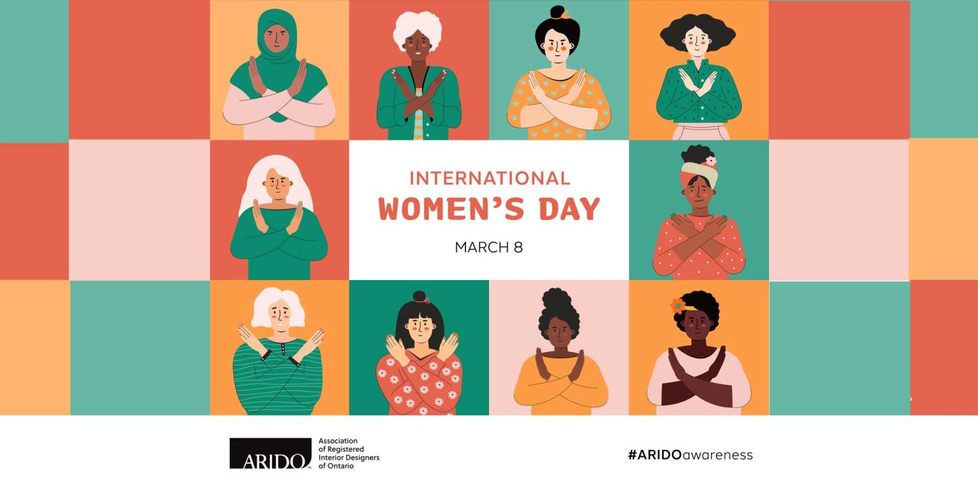 Colourful graphic of multiple women holding the embrace equity stance with their arms crossed for International Women's Day 2023.