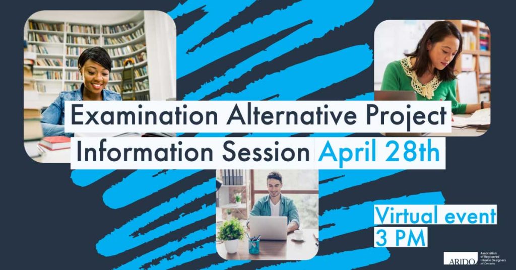 Examination Alternative Project Information Session April 28th - graphic with three people studying or at computers