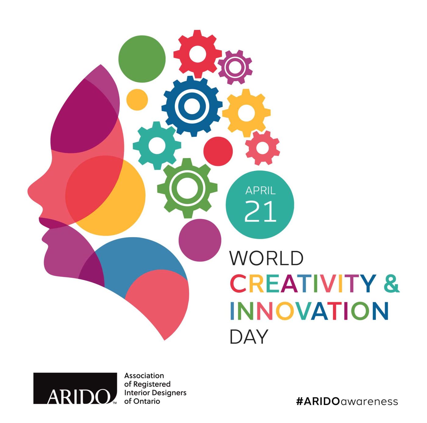 Illustration of a person's head with gears forming their brain with the text world creativity and innovation day