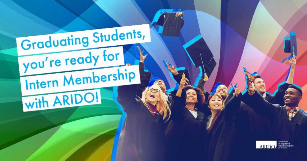 Group of many students throwing up graduation caps with the caption, "Graduating Students, you're ready for Intern Membership with ARIDO!"