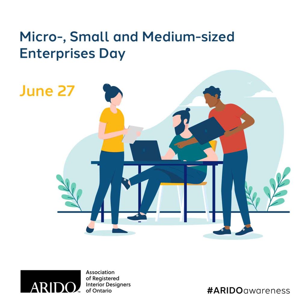 Graphic with a group of people around a computer with the caption Micro-, Small and Medium Enterprises Day - June 27