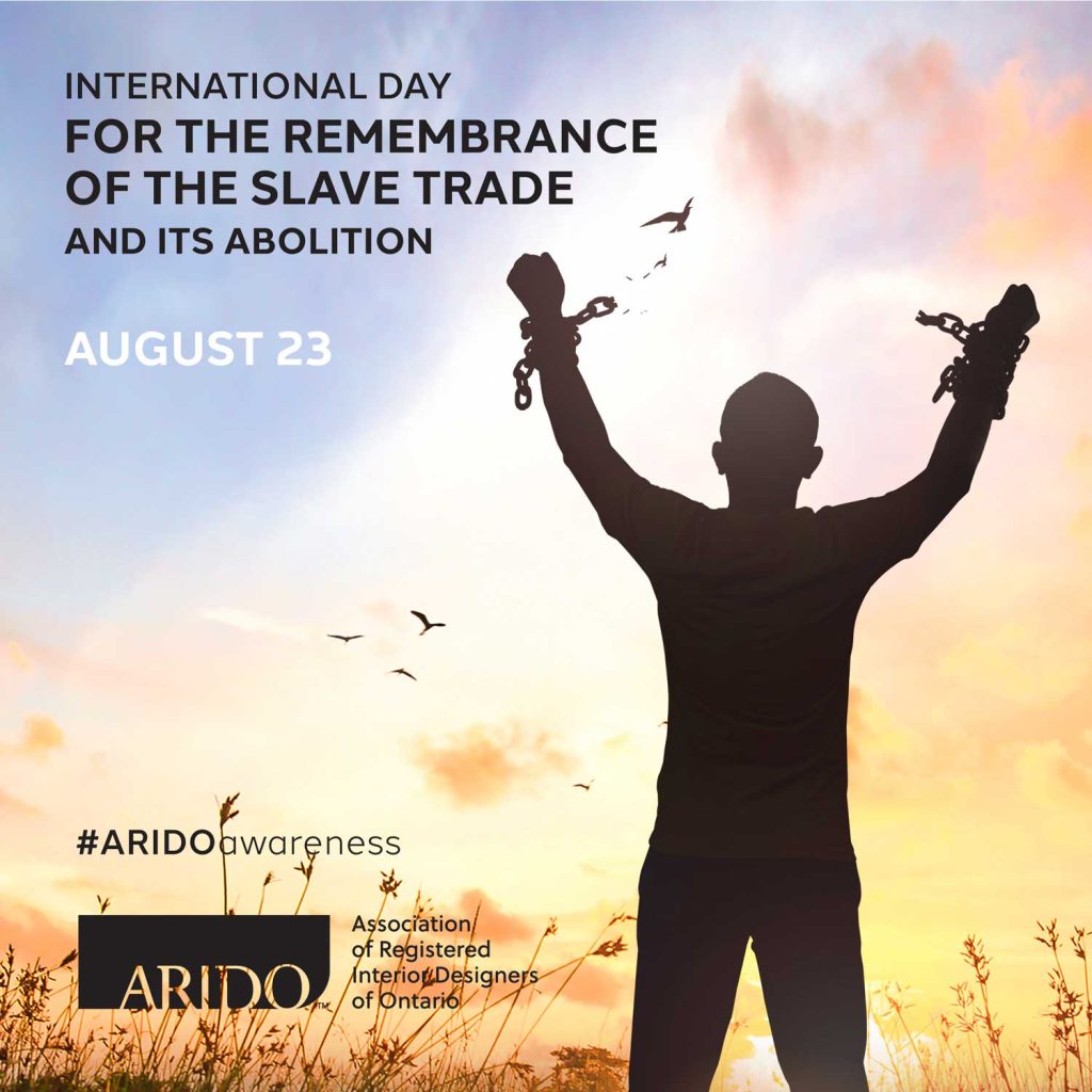 Graphic of a man with hands raised breaking chains against a sunset background with the caption 'international day for the remembrance of the slave trade and its abolition'