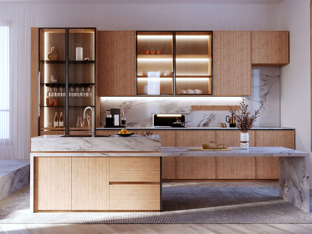 This kitchen features wood grain kitchen cabinetry, and continuous counter and backsplash.