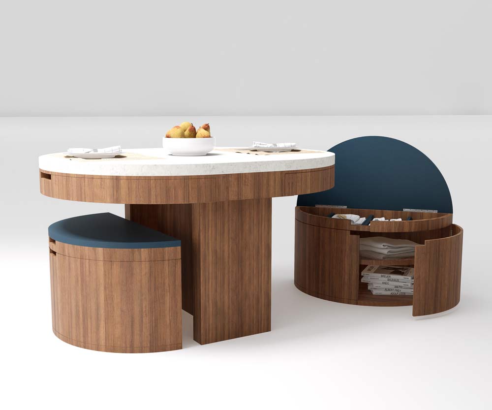 Cali's winning project at the FORM competition. The design draws inspiration from Mid-century modern sewing boxes and showcases a table with two seating units that can be tucked under the table and that provide additional storage under the seat.