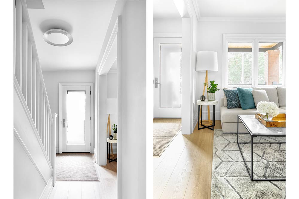 White front foyer with the stair going up to the bedrooms. On the right photo the entrance from the front foyer to the bright and airy living room