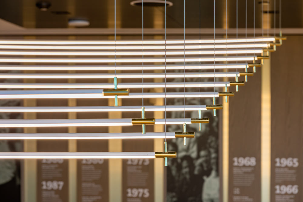 A close up of multiple linear lighting rods in this unique light fixture