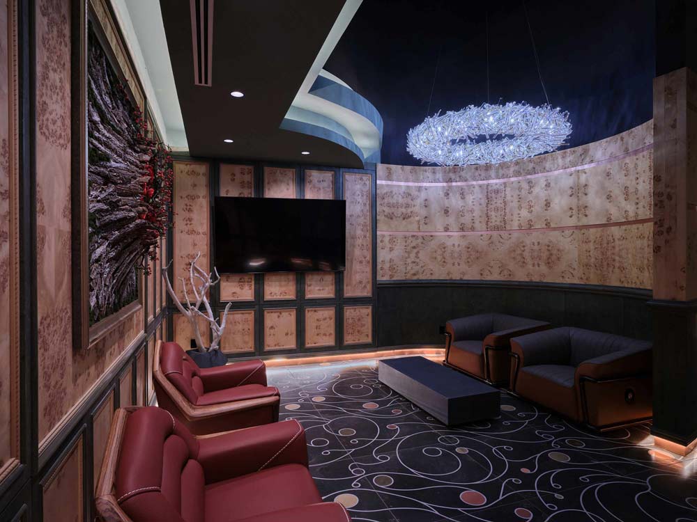 isolated customer waiting lounge furnished with oversized leather armchairs, TV, and decorated with natural wood artwork