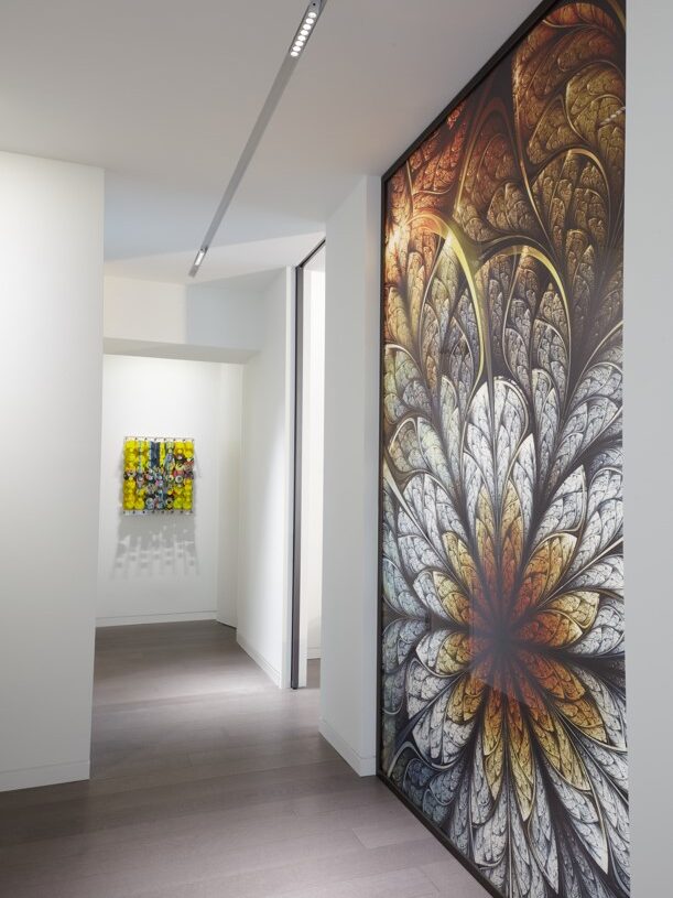 custom glass screen at the office elevator entrance, which includes a digitally printed image on a large glass panel. This image that started as a flower, that morphs into mathematical precision through fractal geometry.