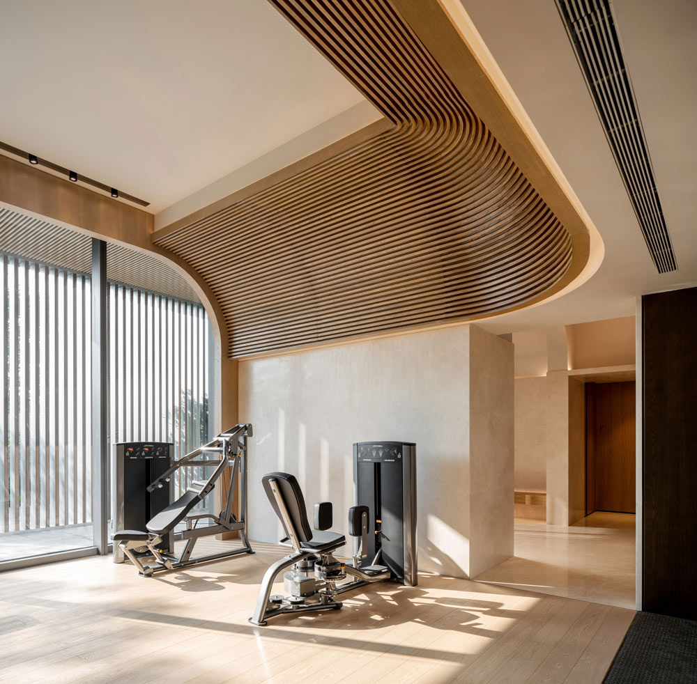 Modern Gym room with wooden slatted curved detail on the ceiling. The room looks out a large floor to ceiling window