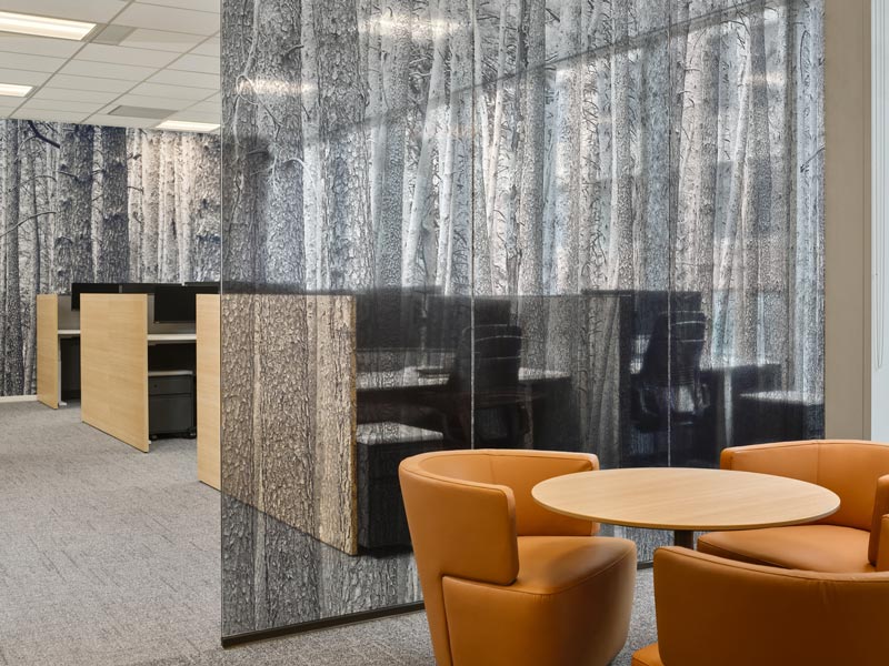 Work stations are visible behind a semi transparent privacy screen with a monochromatic graphic of trees