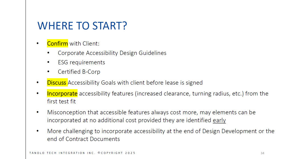 Another slide from Vanessa's presentation called - 'Where to start', about what steps should interior designers take when it comes to accessibility in their designs