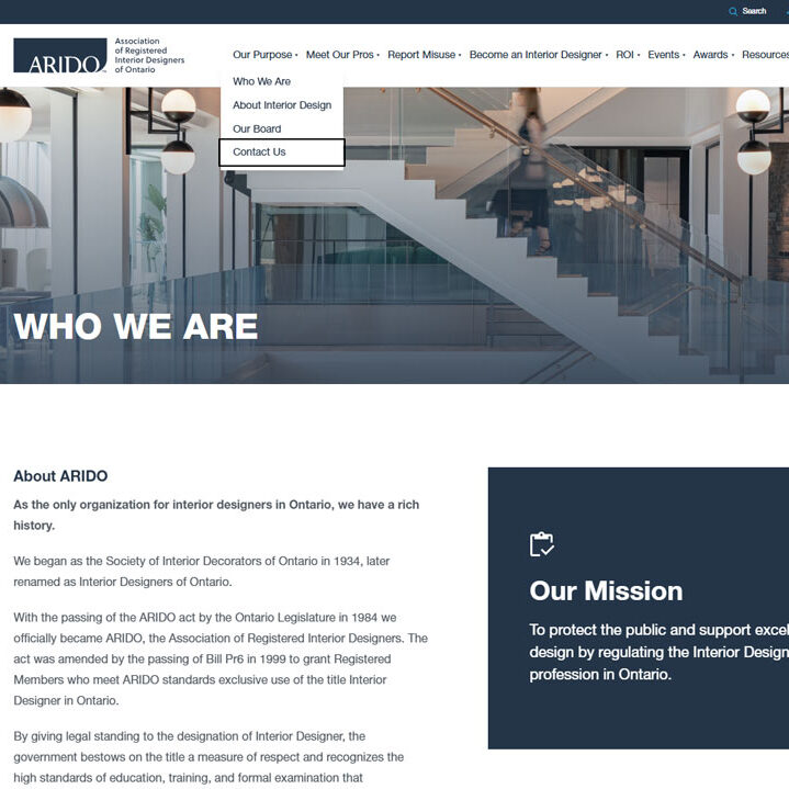 Screen shot of a page on the arido website showing the focus indicators on the top main menu on the website