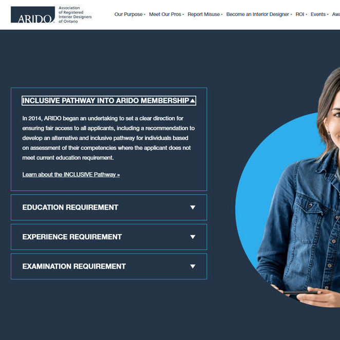 Screen shot of one of the pages on the arido website, showing a focus indicator and also contrast between white text and dark blue background
