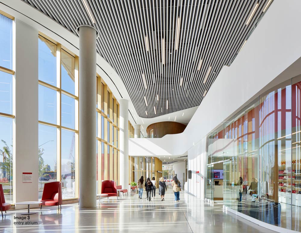 Another view of the entrance atrium, with large floor to ceiling windows on one side and store front on the other side of the hallway