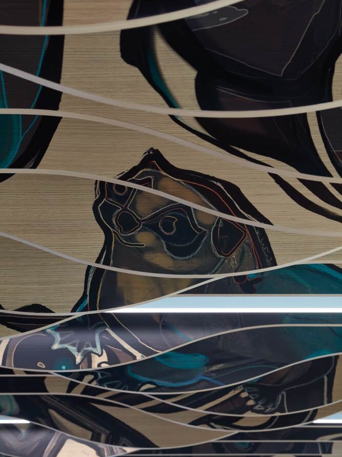 An image of an animal made up of overlapping wavy wooden pieces. Each piece has a part of the animal painted on it, making up the whole shape of the animal as it is viewed from the front. This is just one section of the feature that hangs on a hallway ceiling