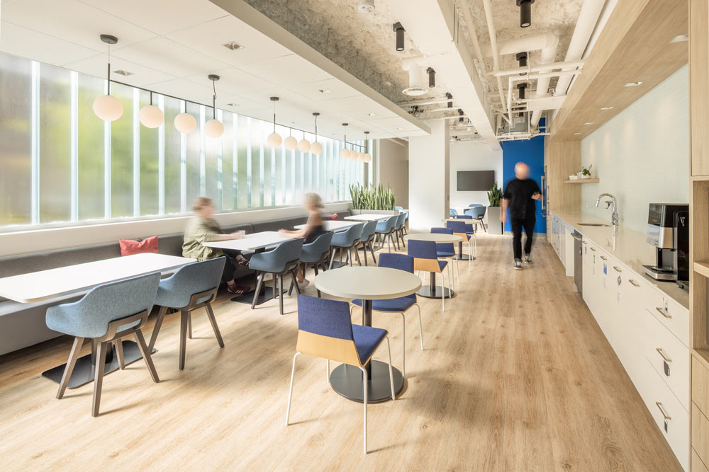 Kitchen and cafeteria with a lot of natural light coming from the large wall of windows. There are a lot of smaller tables with some benches along the wall below the windows
